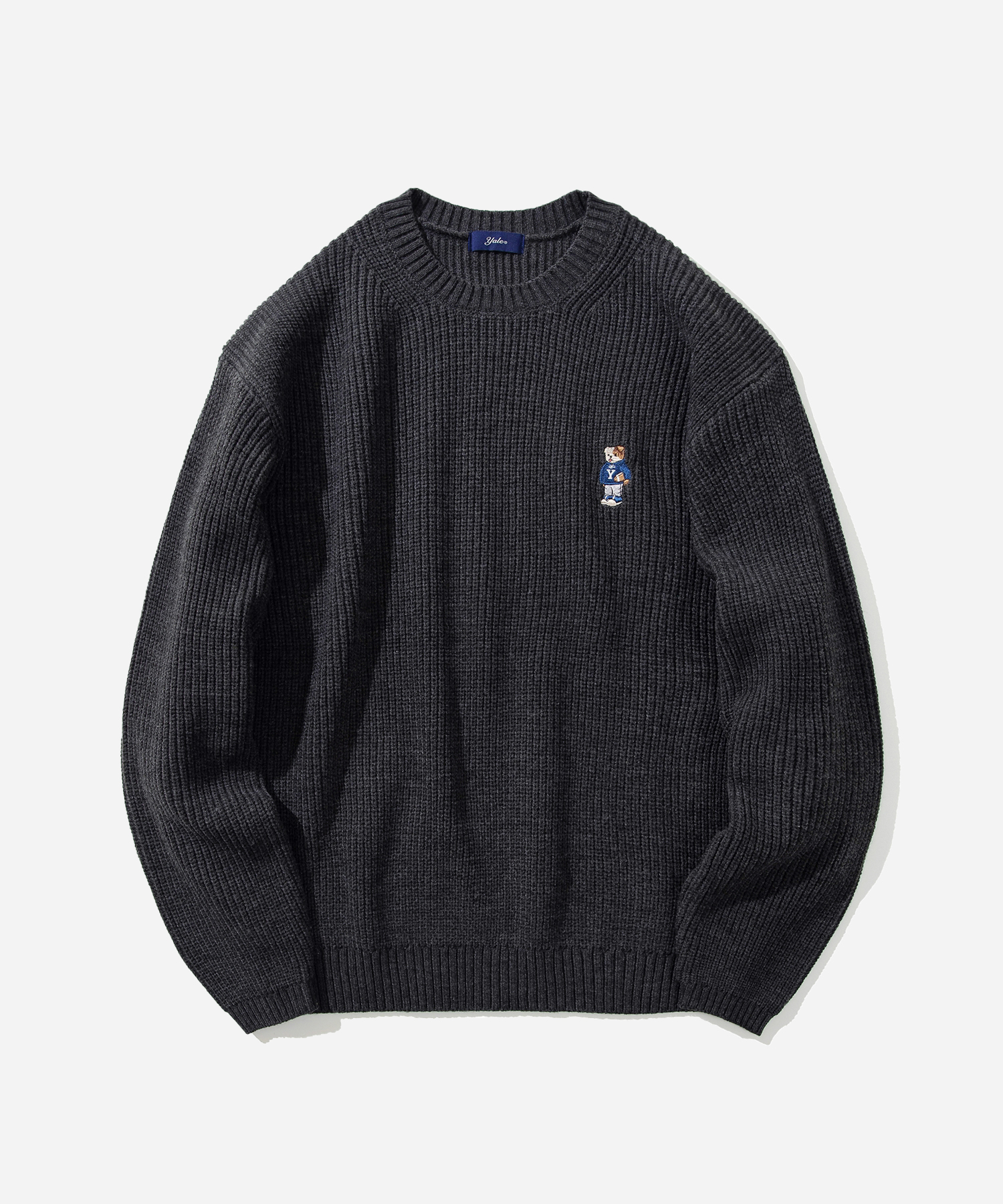 EMBROIDERY DAN 7 GAUGE CREW NECK KNIT CHARCOAL